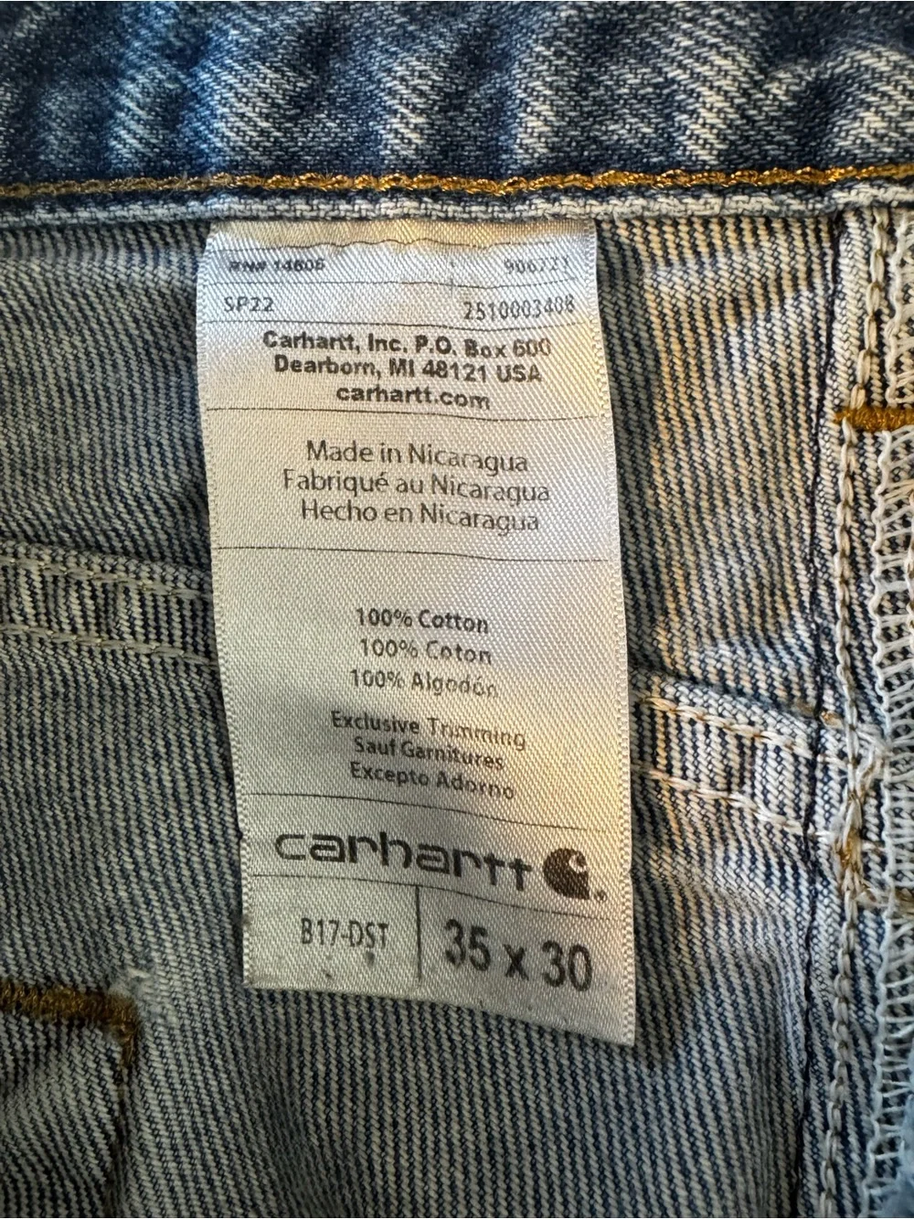 Carhartt 100% Cotton Relaxed Straight Work Jeans Men’s 35 x 30 Blue